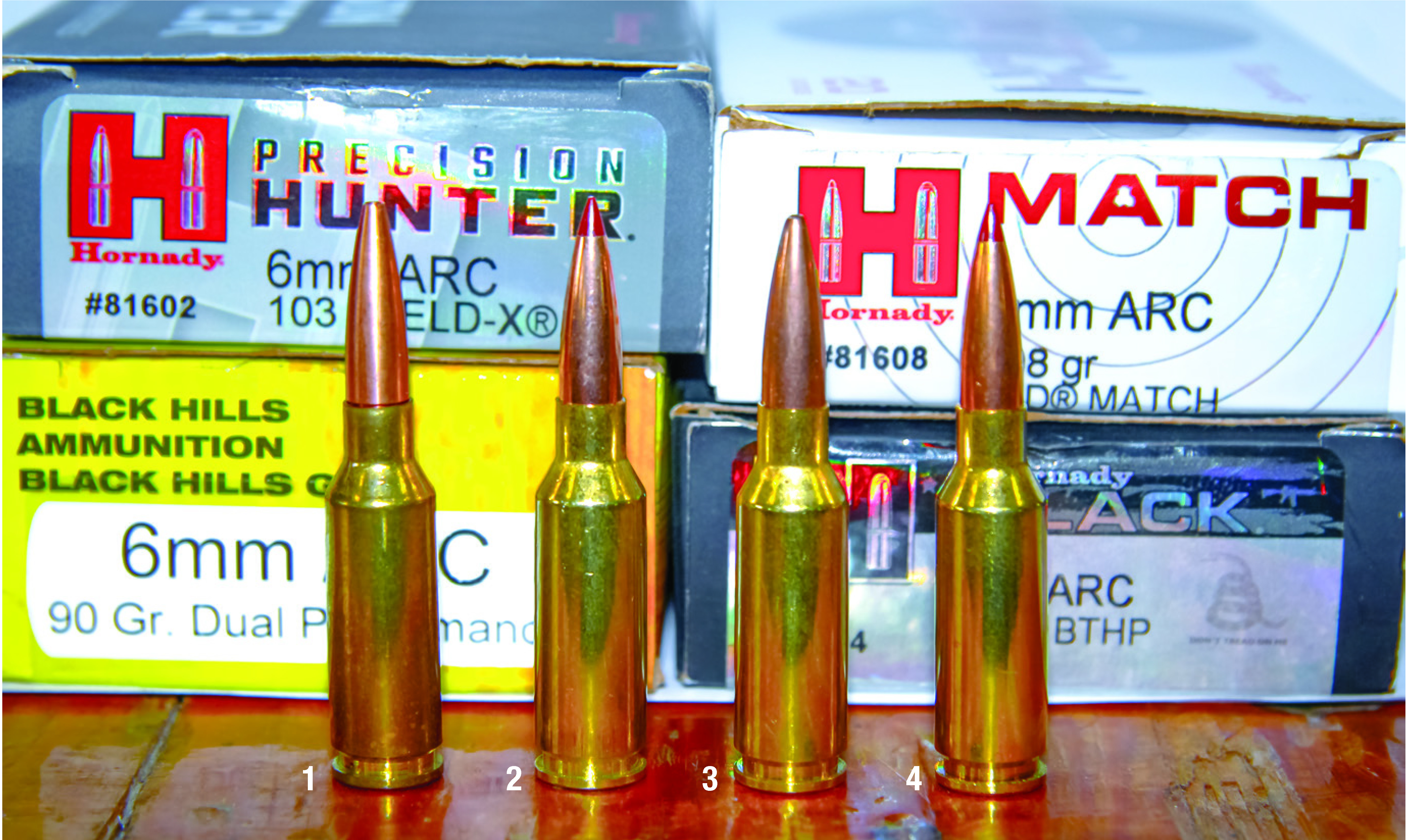 Factory ammunitions used for accuracy testing from the PWS MK114 MOD 2-M chambered in 6mm ARC included: (1) Black Hills Ammunition Black Gold 90-grain Dual Performance, (2) Hornady Precision Hunter 103-grain ELD-X, (3) Hornady Match 105-grain BTHP and (4) Hornady Match 108-grain ELD Match.